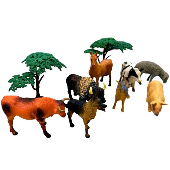 Plastic Down on the Farm Animals - Hard Plastic - Lot of 8 + 2 Trees - Picture 5 of 7